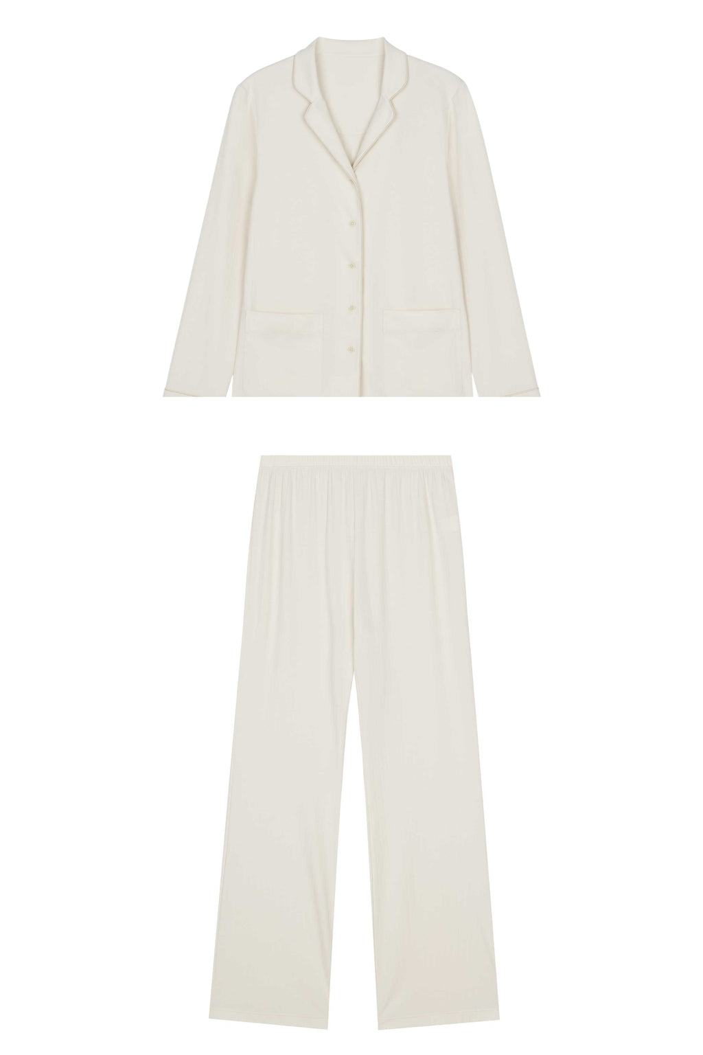 close up of cream color pajama button up top and pants