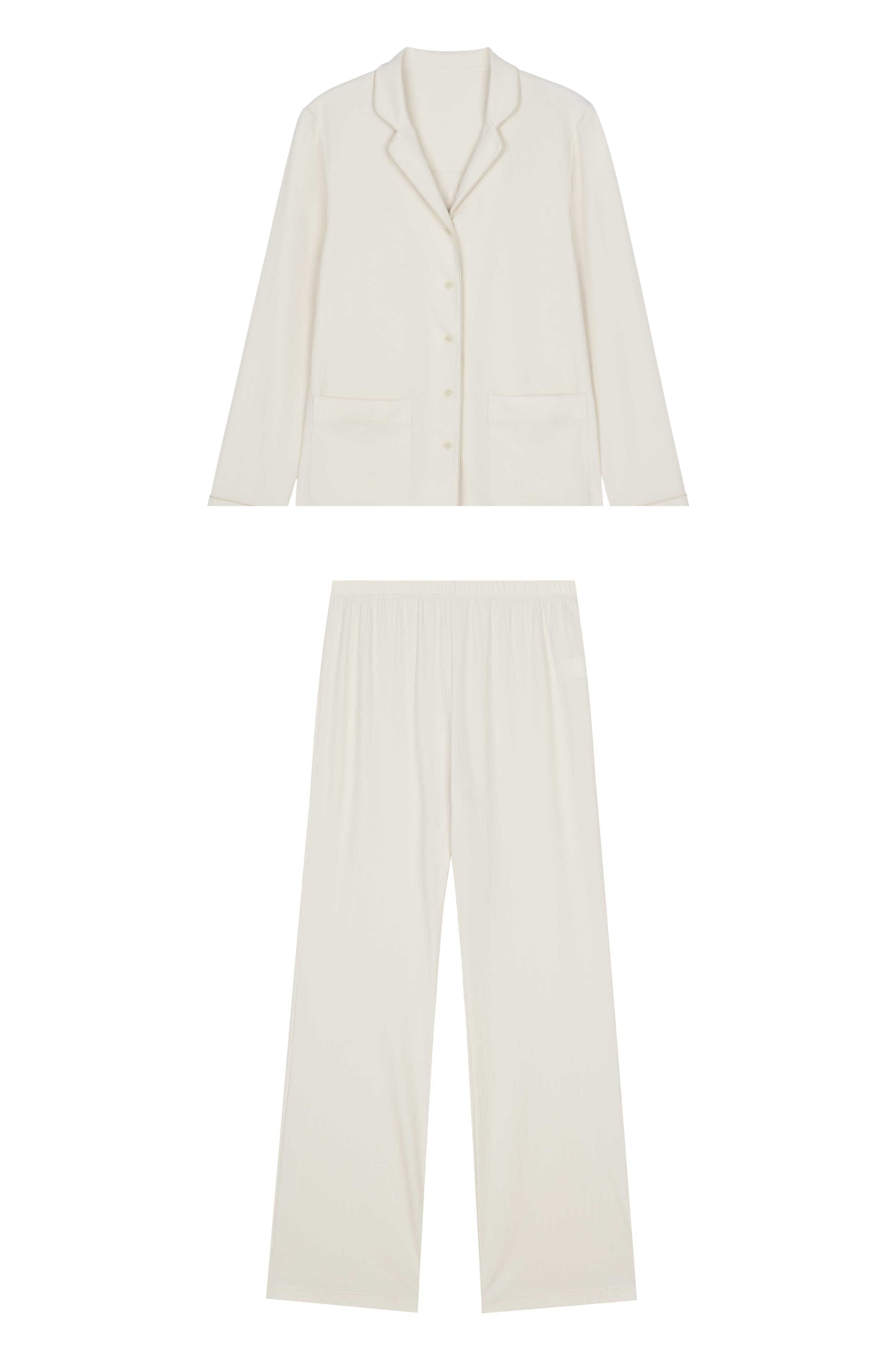 close up of cream color pajama button up top and pants
