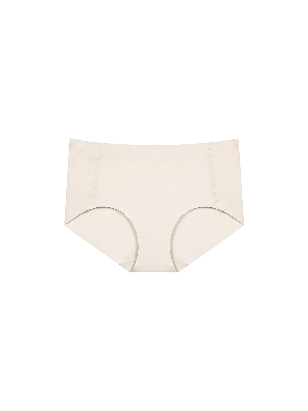 A pair of seamless high-waisted briefs in a light cream or off-white color, presented flat against a solid white background. eggwhite