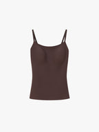 A dark brown seamless camisole tank top with thin double shoulder straps, displayed on a clean white background. Seal Brown