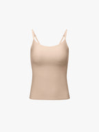 A beige camisole tank top with thin double shoulder straps, displayed on a clean white background. Treacly Almond