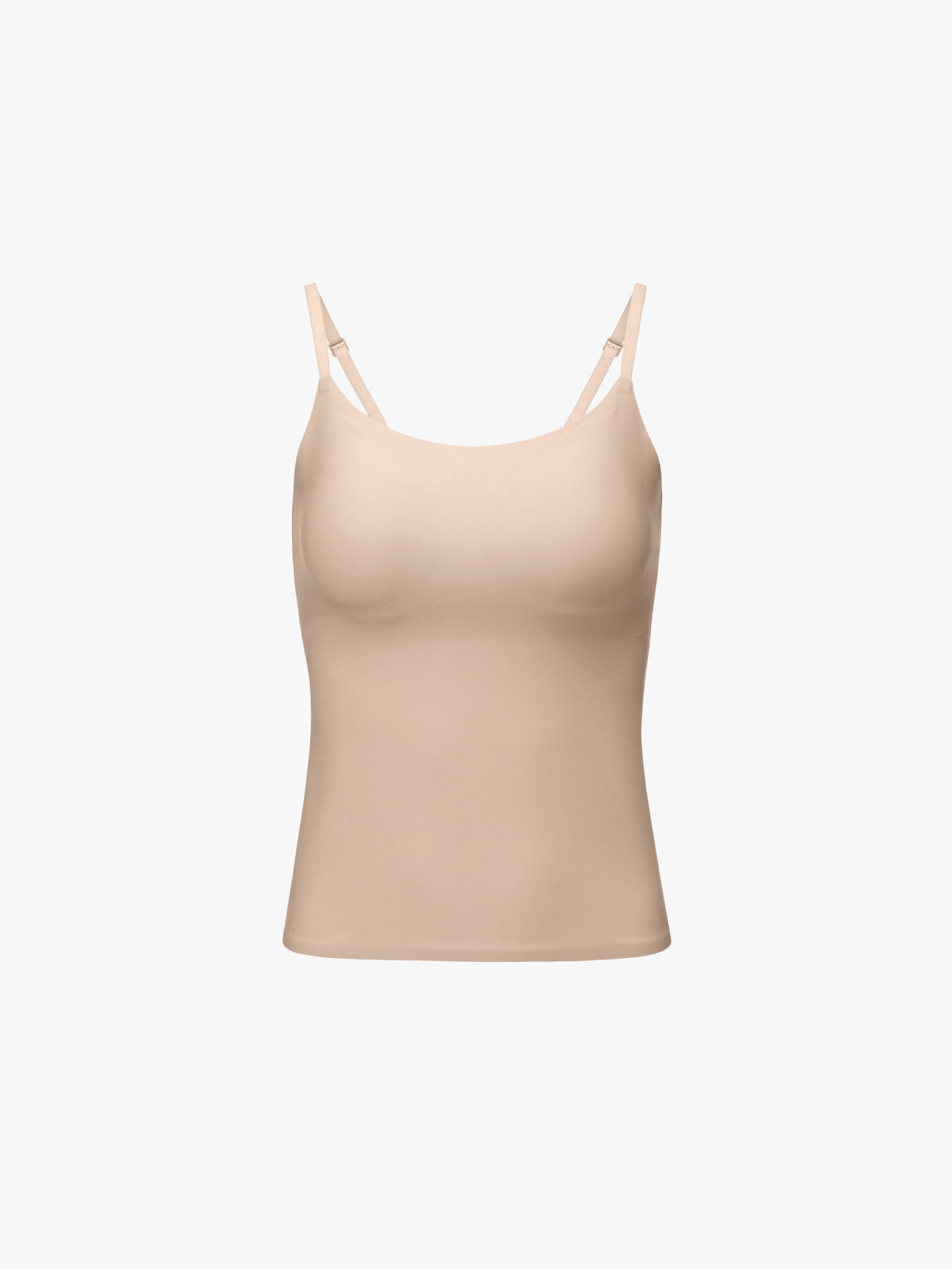A beige camisole tank top with thin double shoulder straps, displayed on a clean white background. Treacly Almond