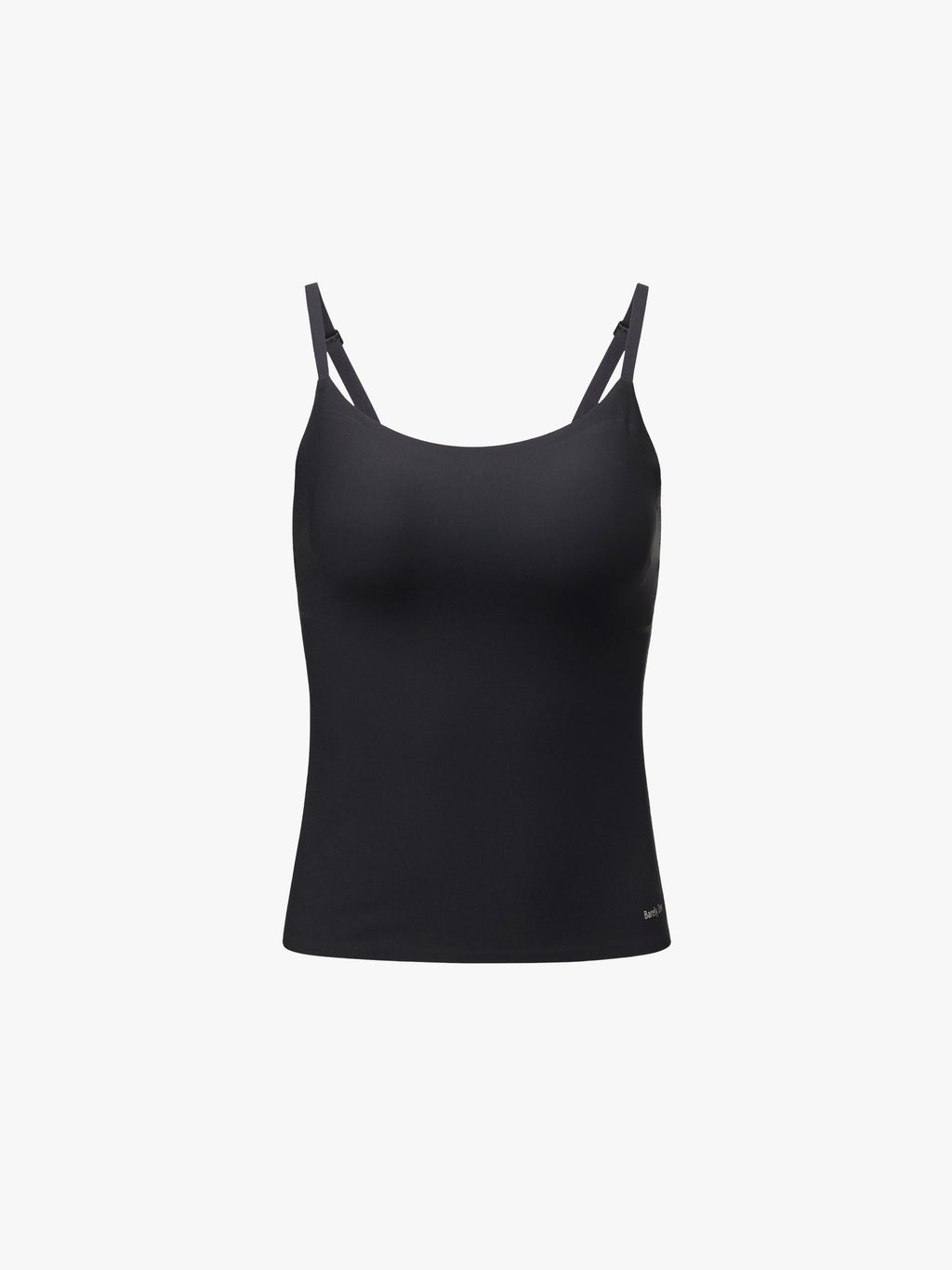 A black athletic tank top with thin double shoulder straps, displayed on a clean white background. Black