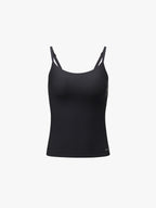 A black athletic tank top with thin double shoulder straps, displayed on a clean white background. Black