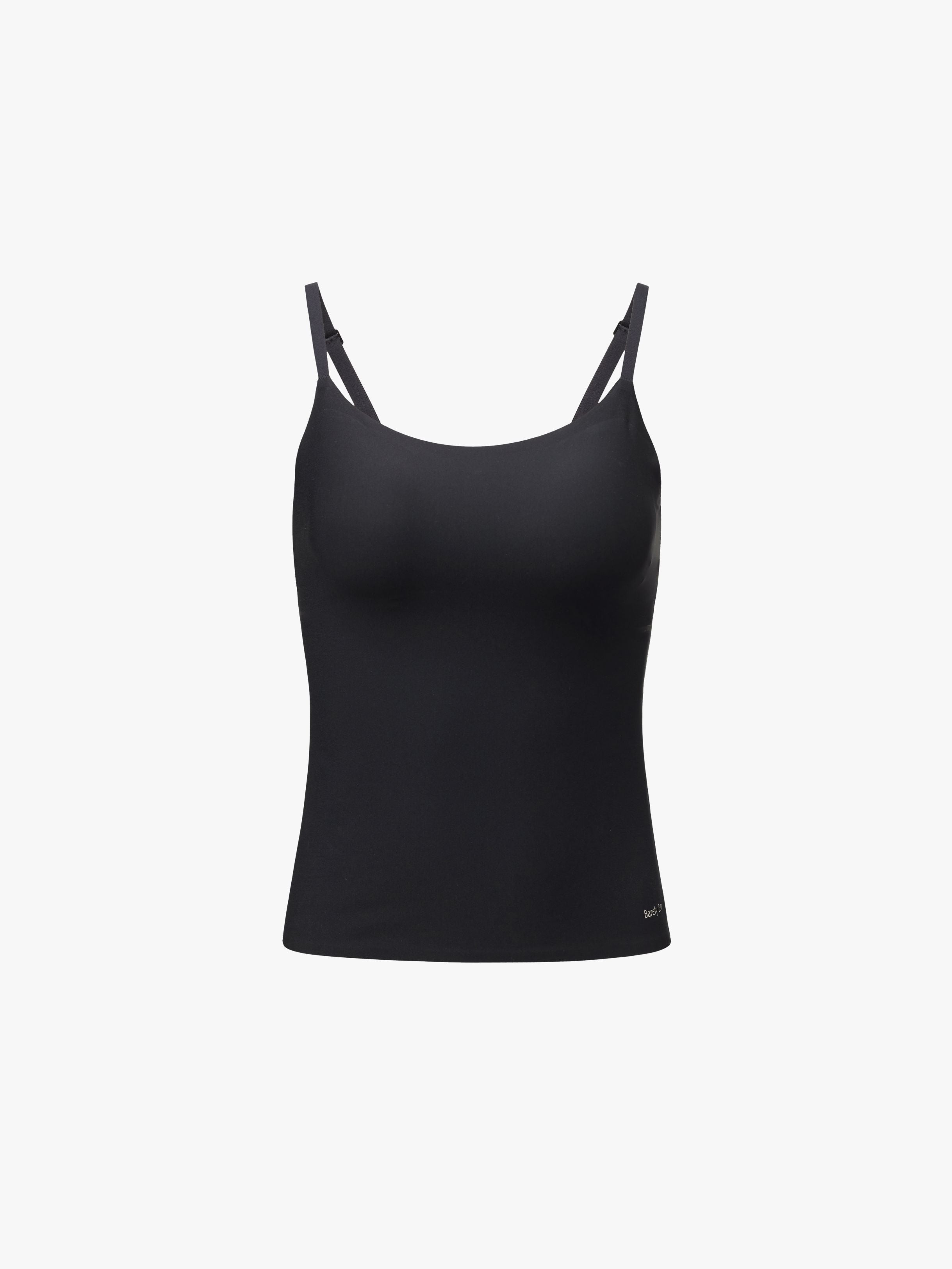 A black athletic tank top with thin double shoulder straps, displayed on a clean white background. Black