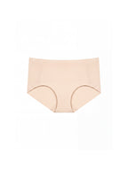 A pair of seamless high-waisted briefs in a light peach-beige color, displayed flat against a solid white background. peach pure