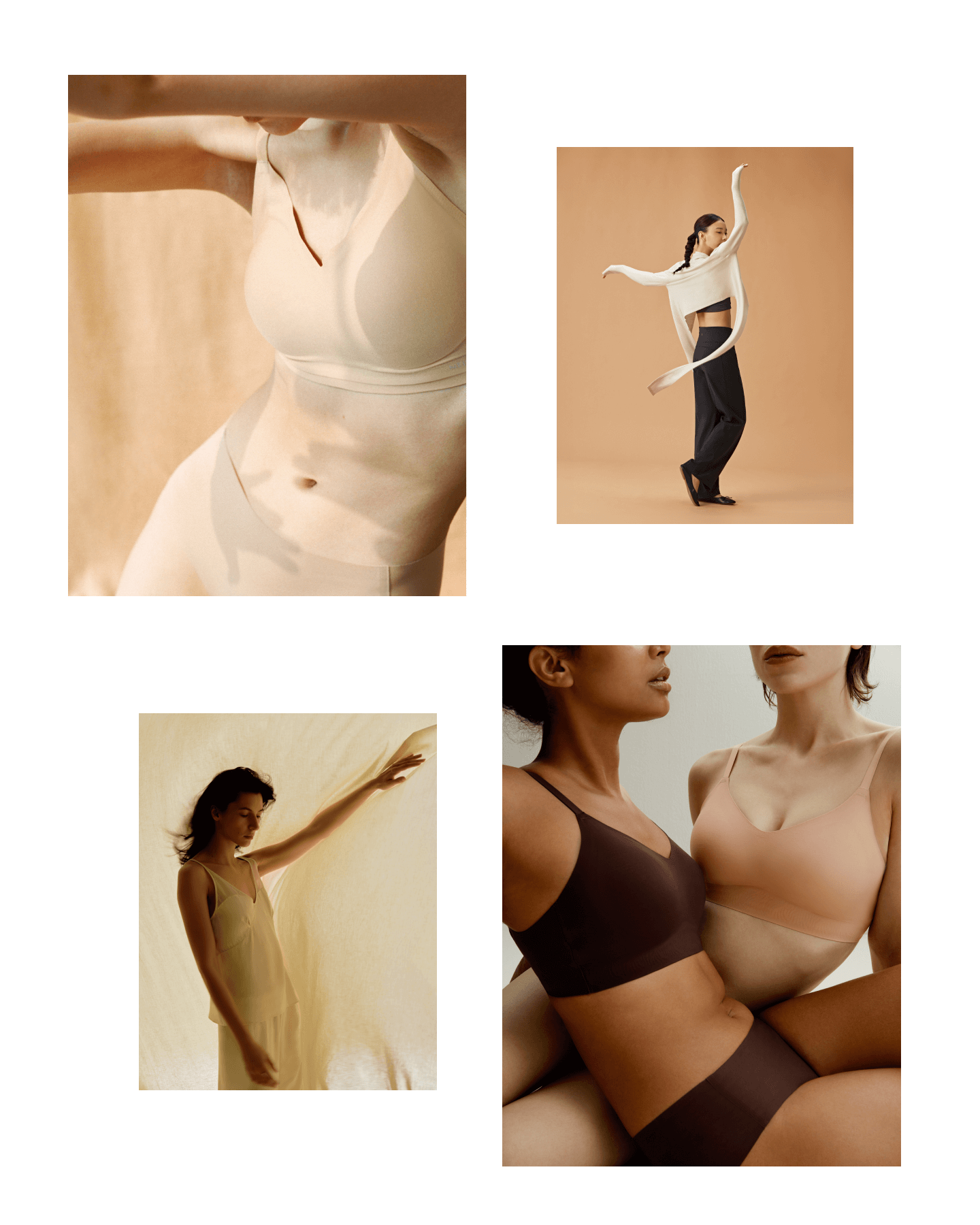 Collage of four images, top left features woman wearing beige bra and brief, top right features woman wearing cream ballet sweater and black pants, bottom right features two women, one wearing brown bra and briefs, the second wearing beige bra and brief, the bottom left featuring woman wearing cream tank top and pajama pants