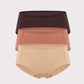 three briefs in brown, rust, and tan