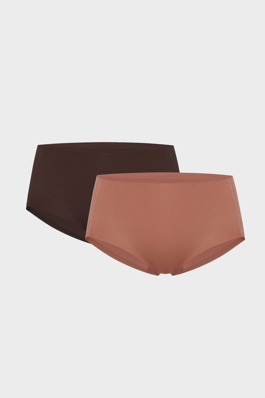 Flat lay image of rust-colored underwear and brown underwear