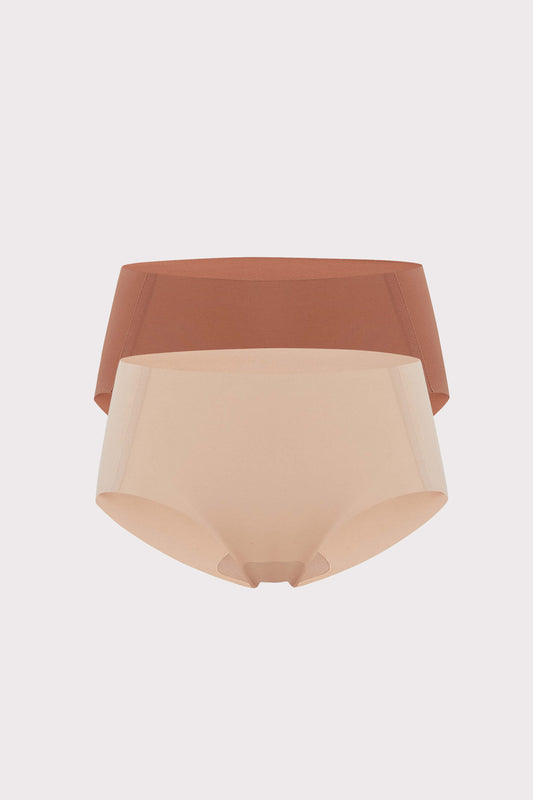 Flat lay images of tan and rust-colored underwear briefs