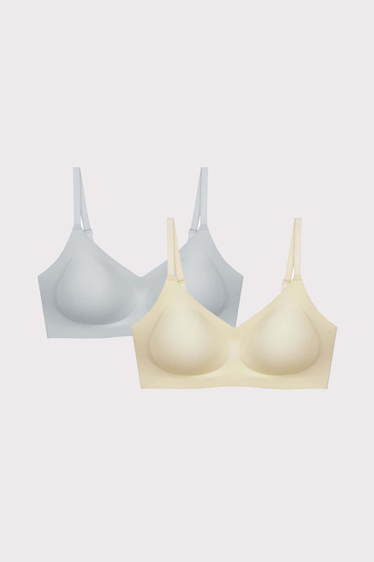 two bras in blue and cream