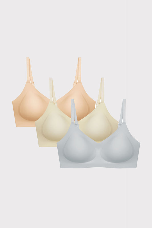 three bras in beige cream and blue