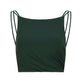 a flat lay of a dark green sports bra with crew neck, double shoulder straps and pleat details