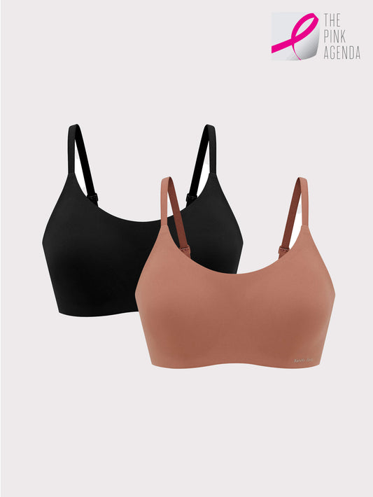 two bras in black and rust color flat lay with The Pink Agenda logo overlayed on top right corner