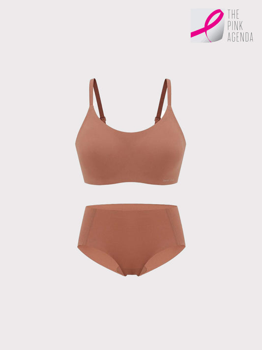 rust color bra and brief flat lay with The Pink Agenda logo overlayed in top right corner