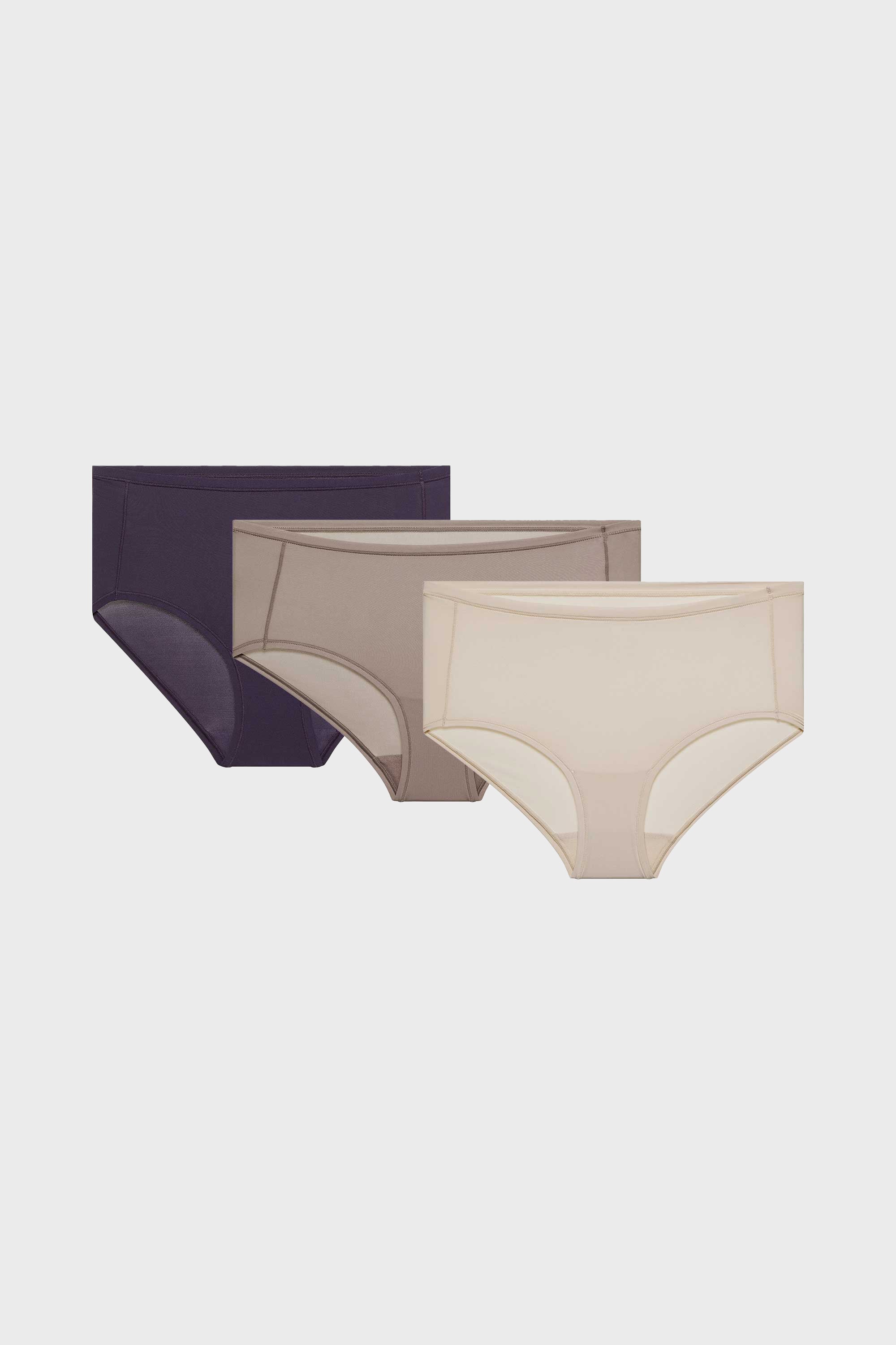 purple, grey, and nude briefs