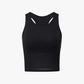 Flat lay of black sports bra top with a racerback design displayed on a plain white background. 