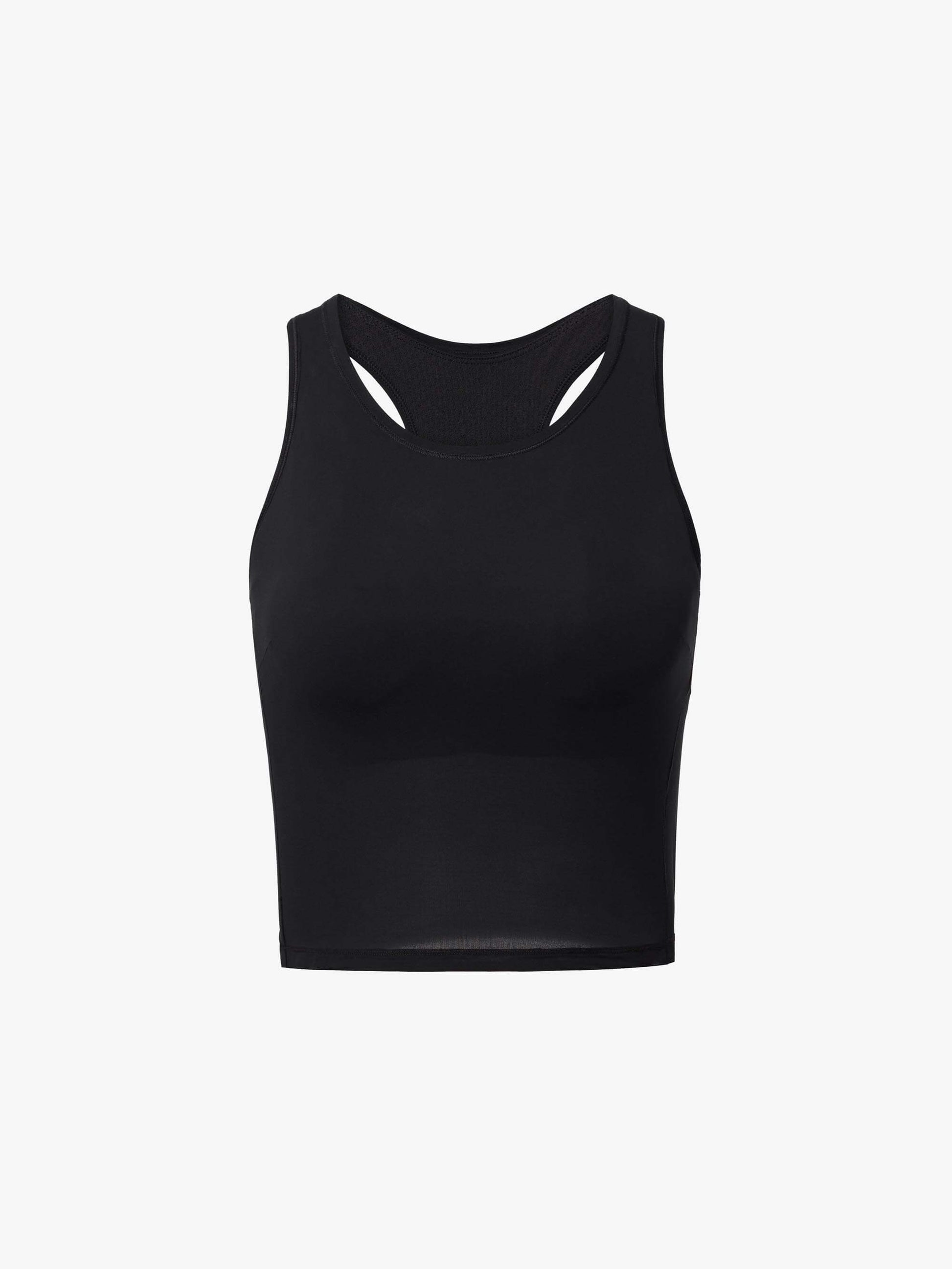 Flat lay of black sports bra top with a racerback design displayed on a plain white background. 