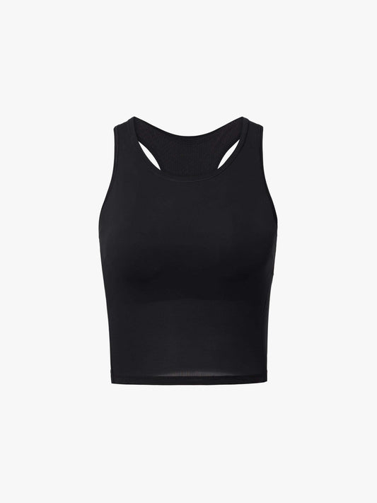 Flat lay of black sports bra top with a racerback design displayed on a plain white background. 