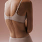 Back view of model wearing matching light mauve bra and brief set