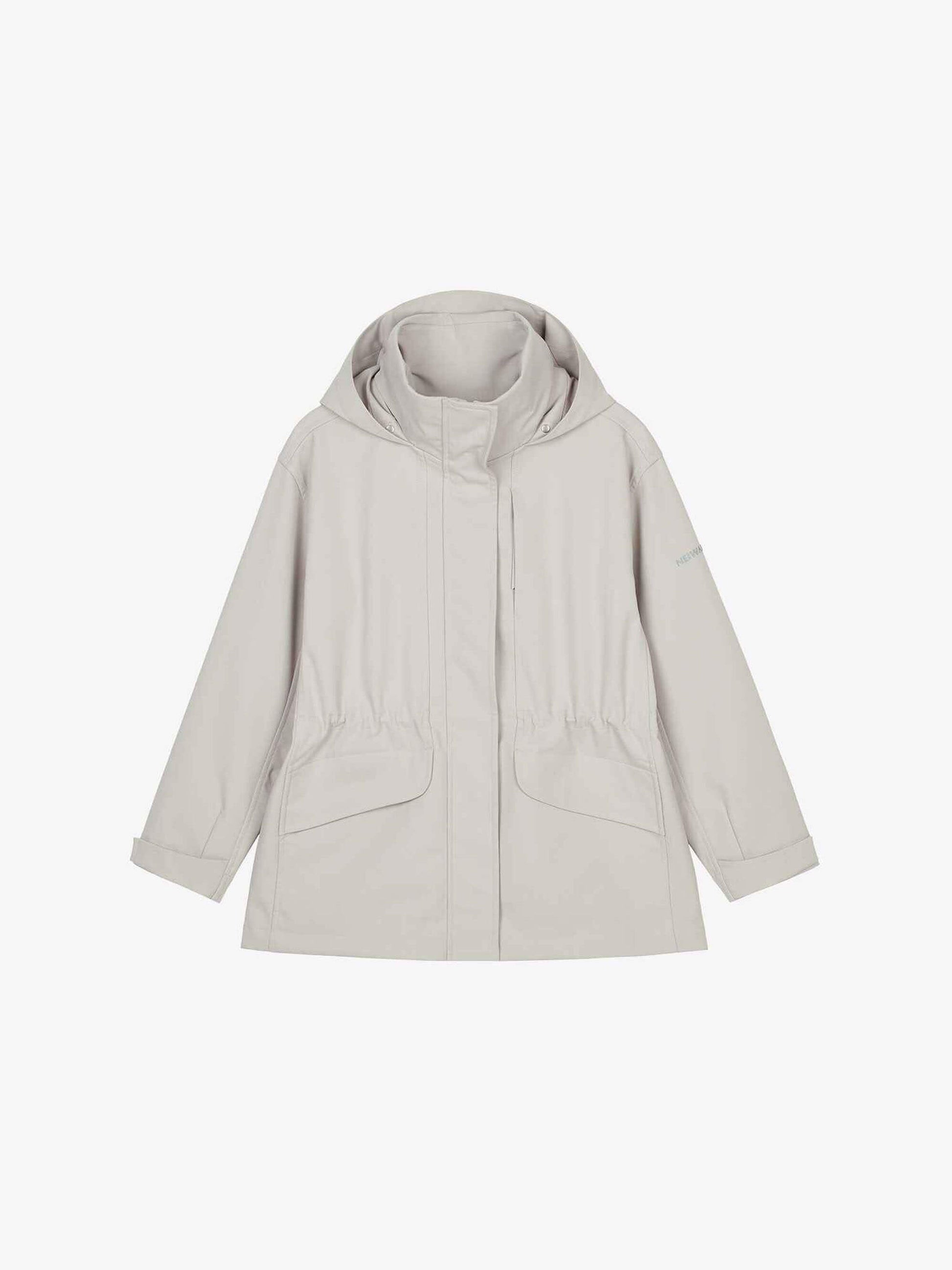 Flat lay of light gray hooded coat