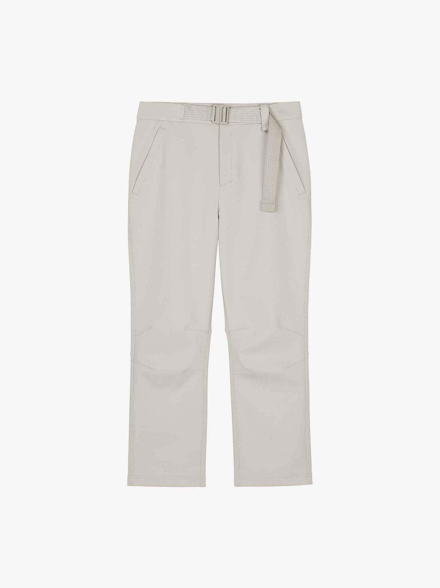 Flat lay of light gray woven fleece pants