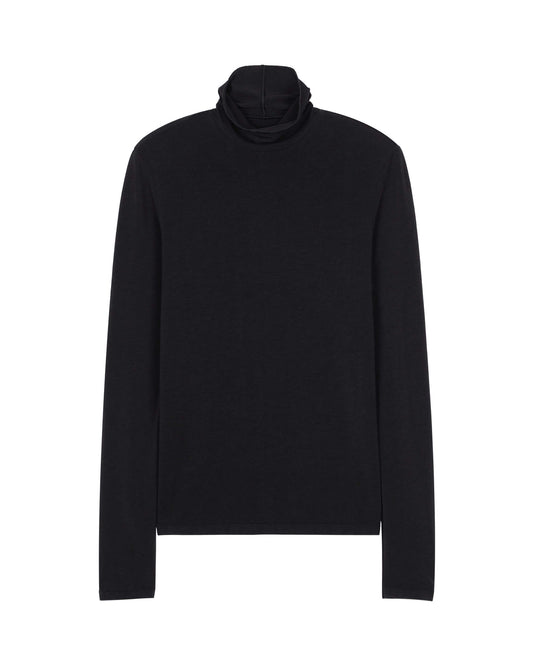 Flat lay of black wool seamless turtleneck top