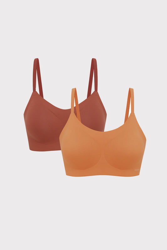 two bras in brick color and orange