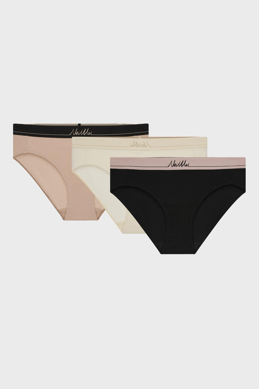 three briefs with pink, cream and black