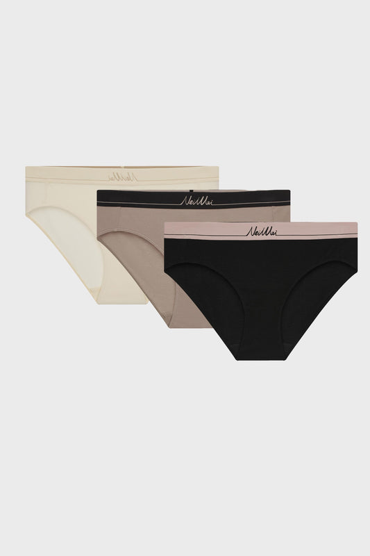 three briefs with cream, coffee and black