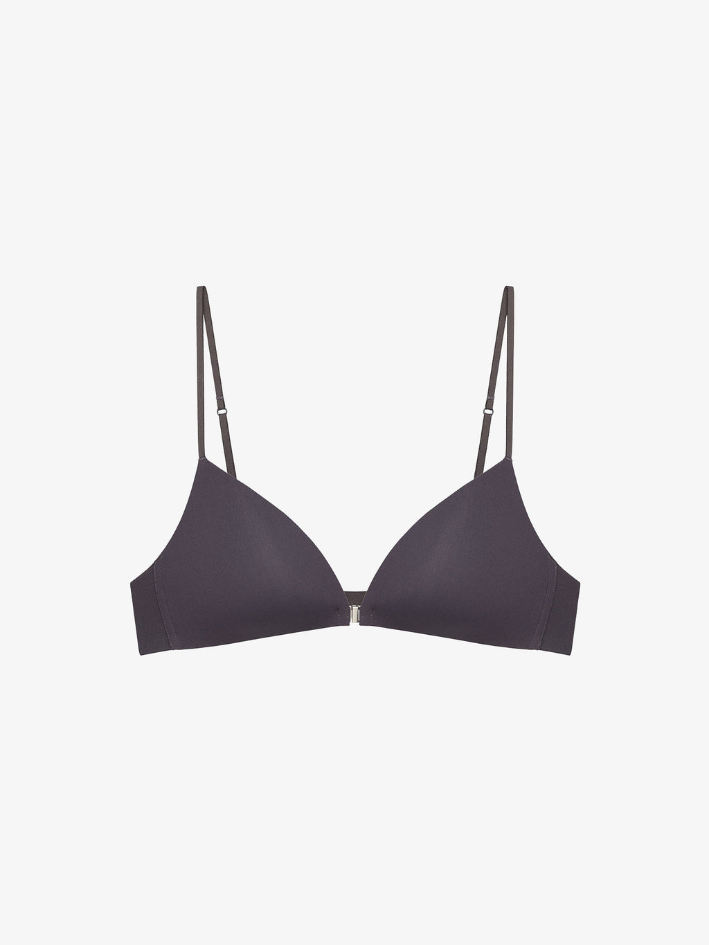 Flat lay of black bra on a light gray background.