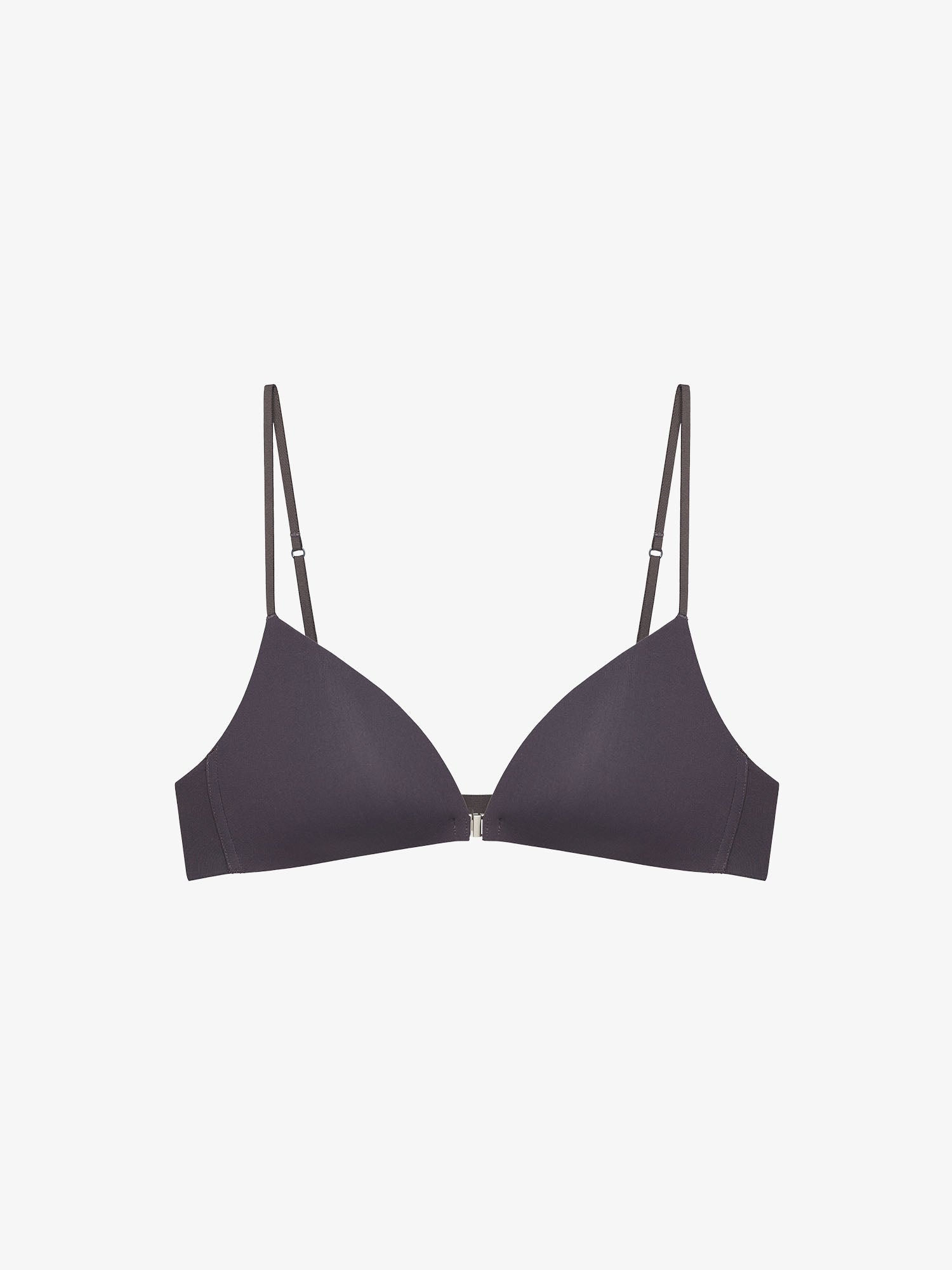 Flat lay of black bra on a light gray background.