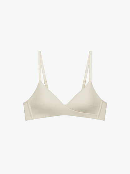 Flat lay of beige bra.