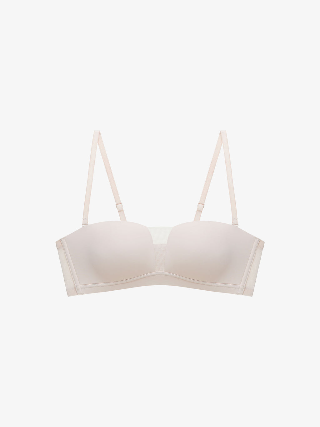 Flat lay of white strapless bra. Sliver Peony color.