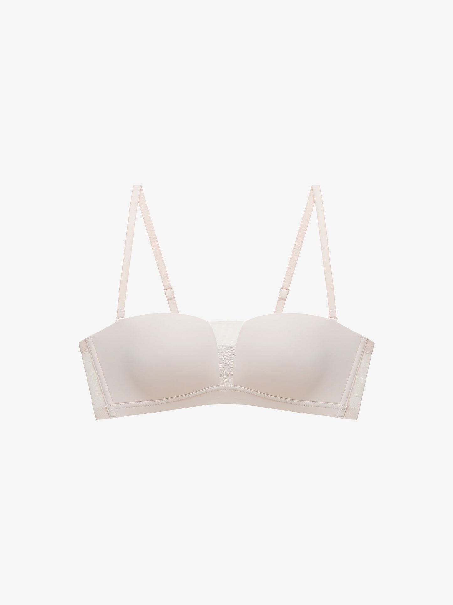 Flat lay of white strapless bra.