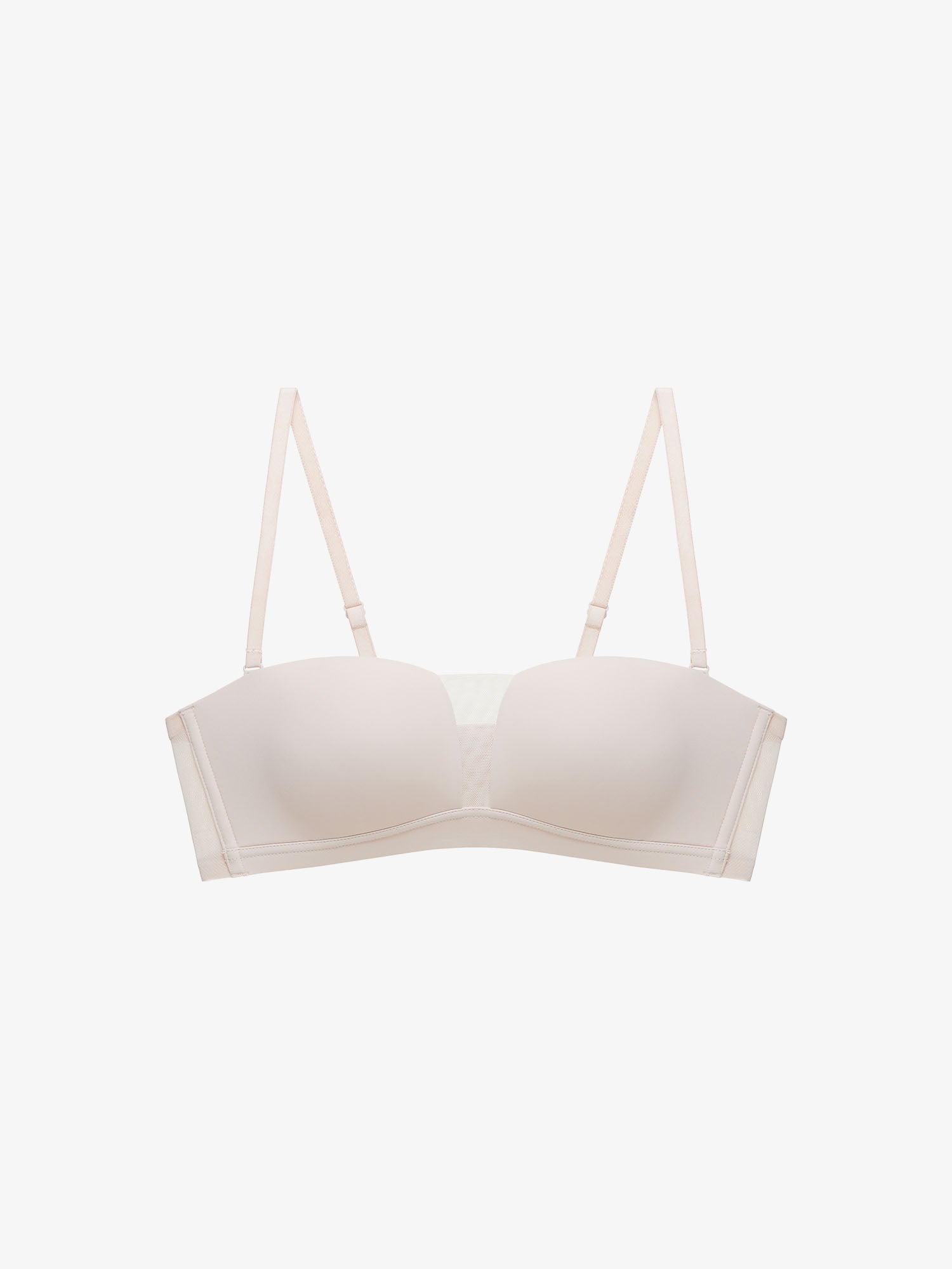 Flat lay of white strapless bra.