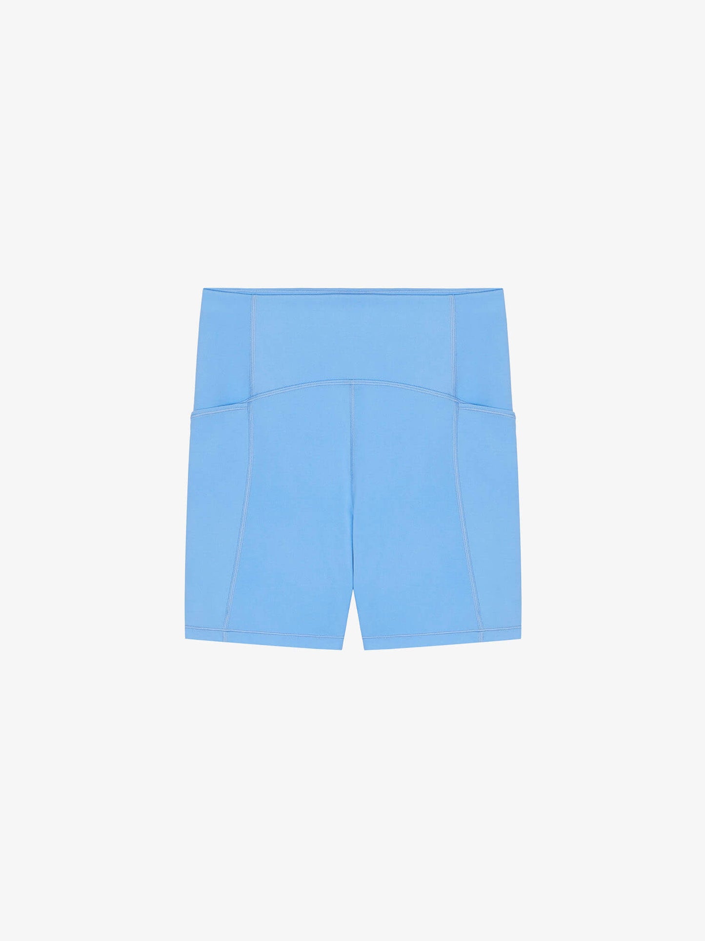 Flat lay of light blue biker shorts