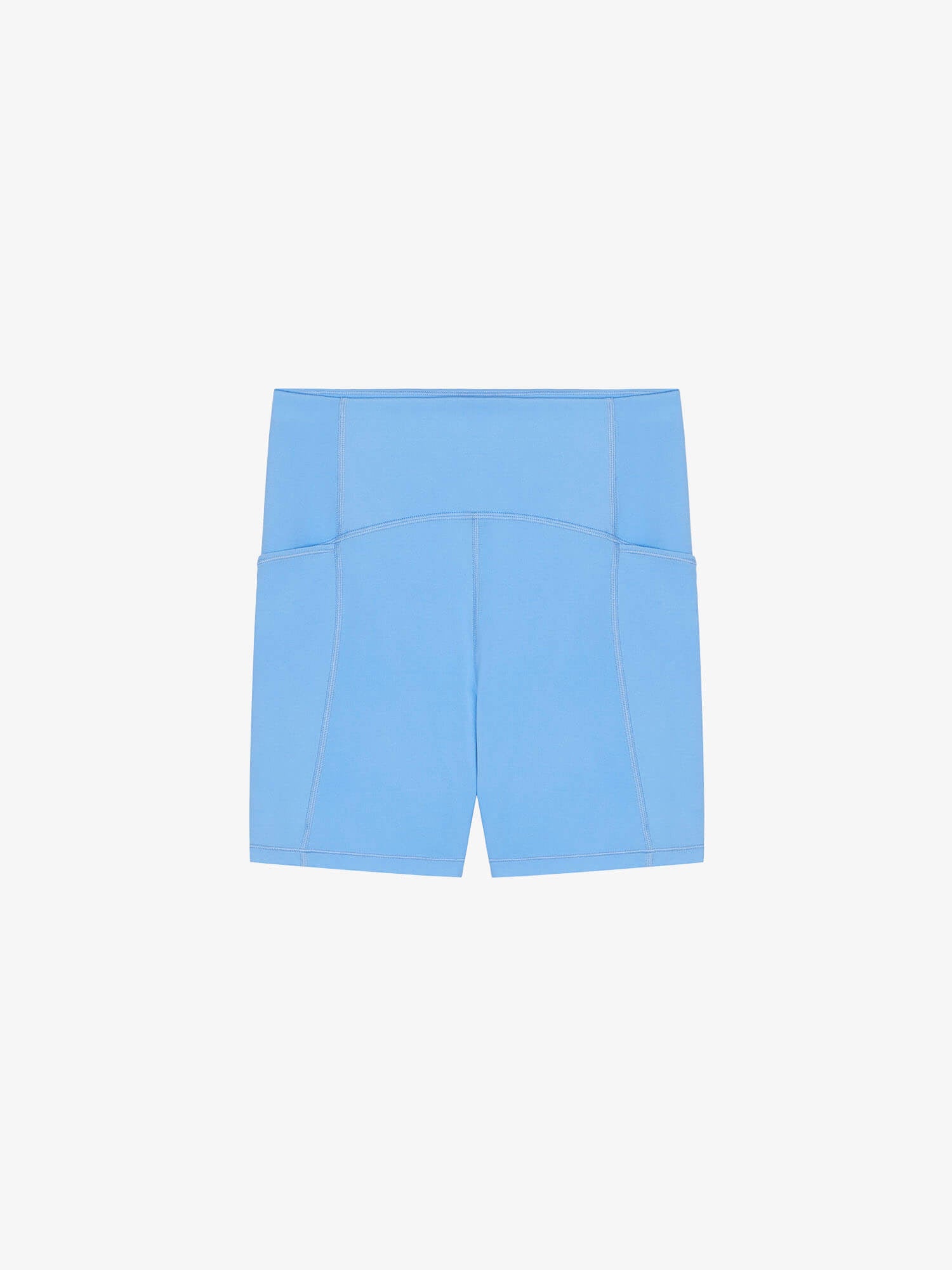 Flat lay of light blue biker shorts