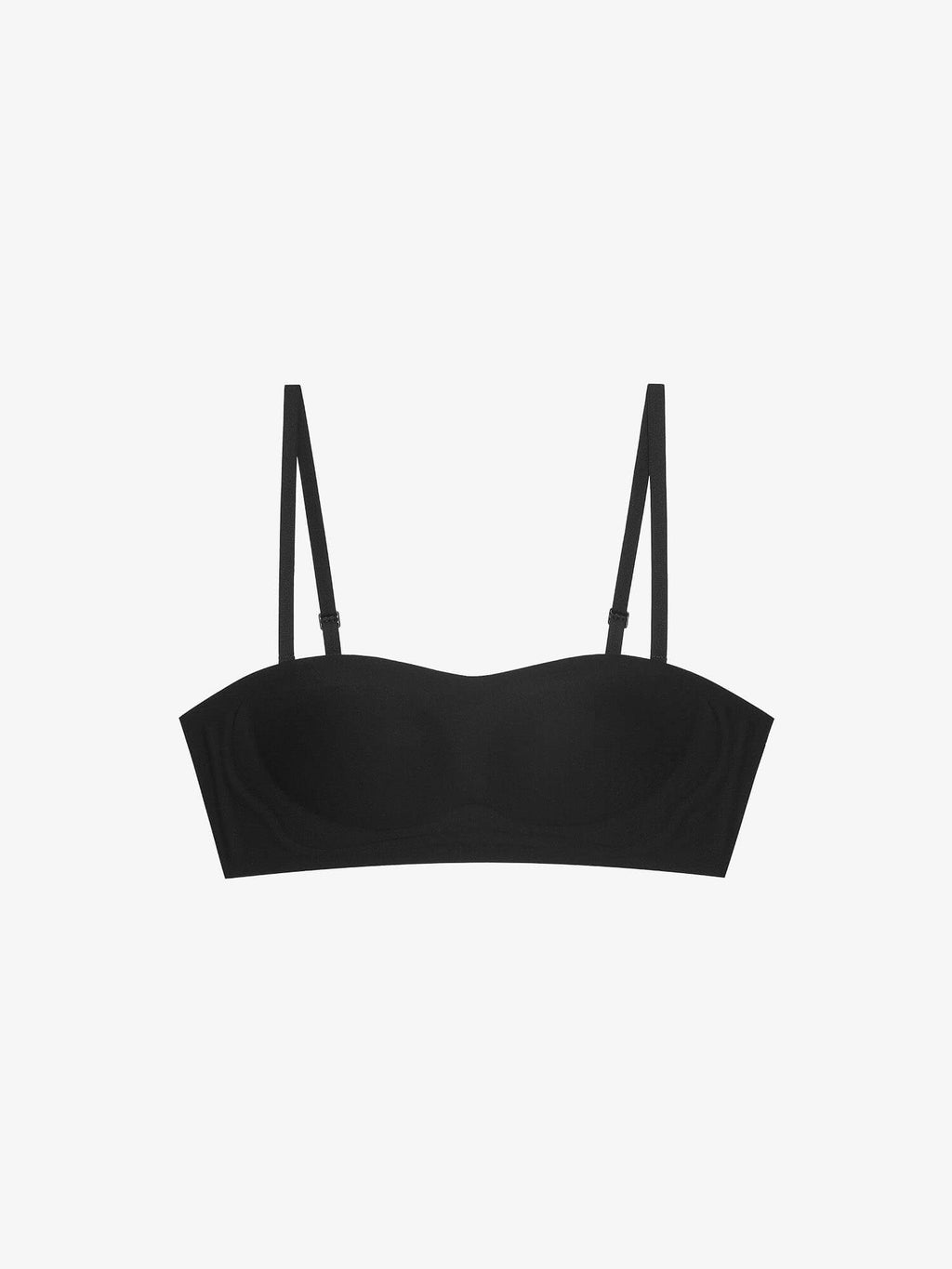 Flat lay of black bandeau bra. Black color.