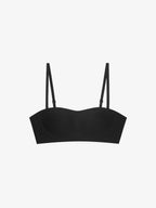 Flat lay of black bandeau bra. Black color.