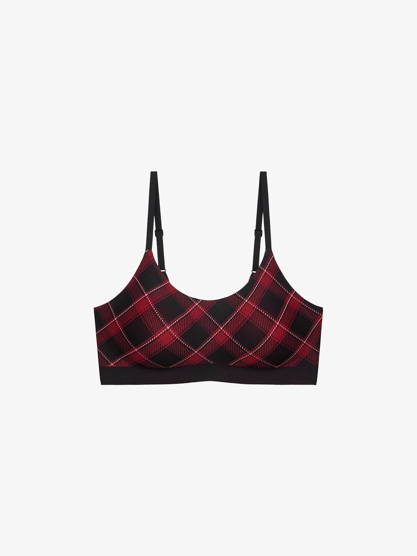 Flat lay of plaid-patterned bralette on a white background.