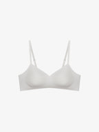 Flat lay of light gray bra. Lilac Ash color. 