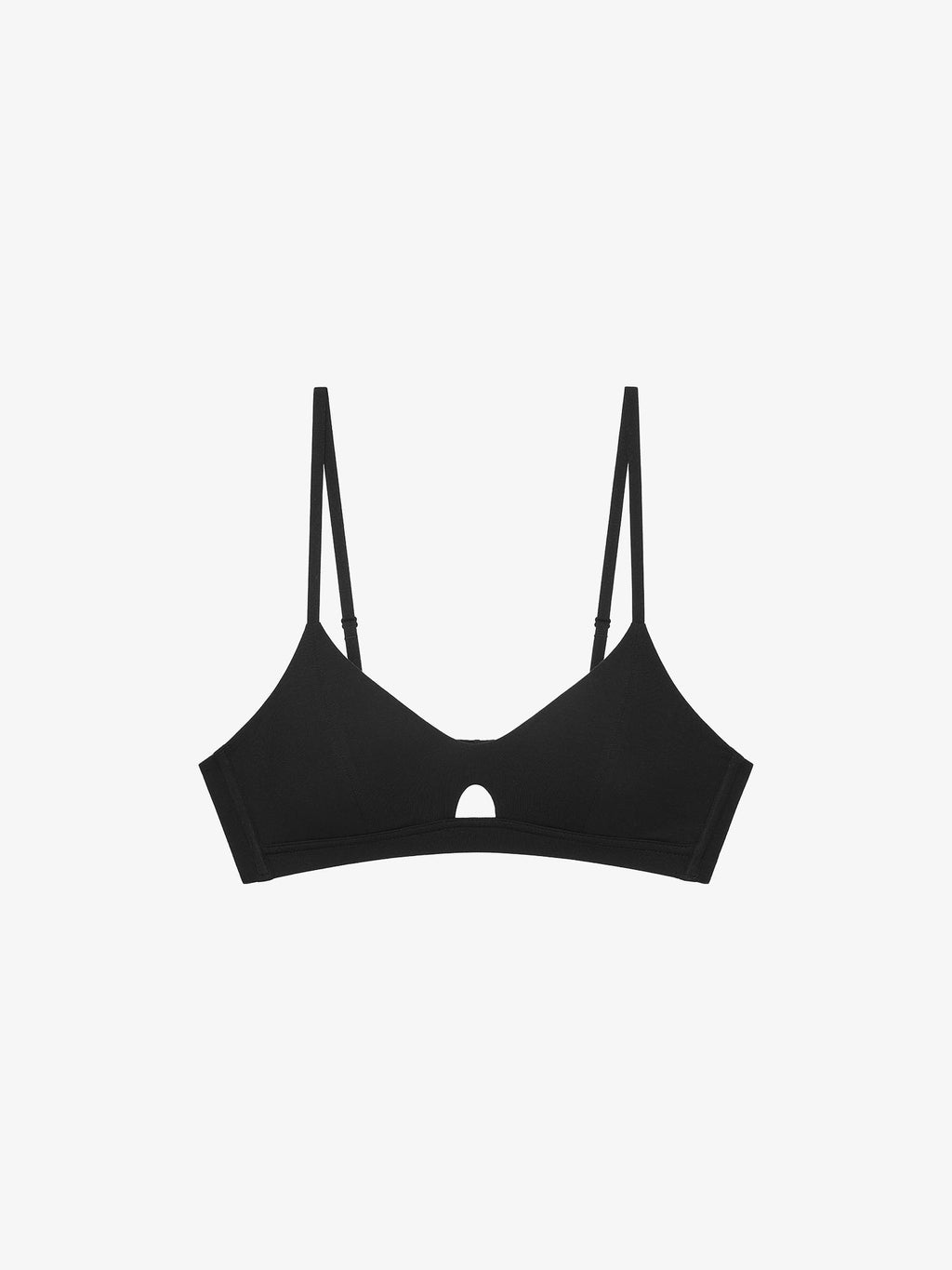 Flat lay of black bra with keyhole detailing
