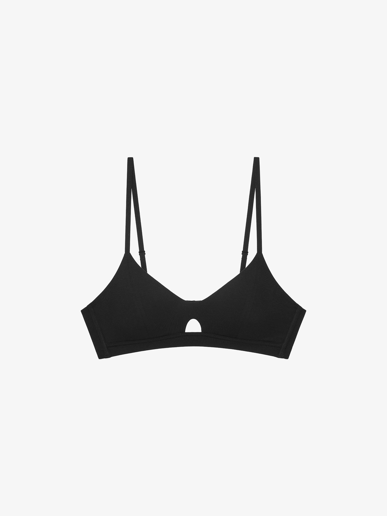 Flat lay of black bra with keyhole detailing