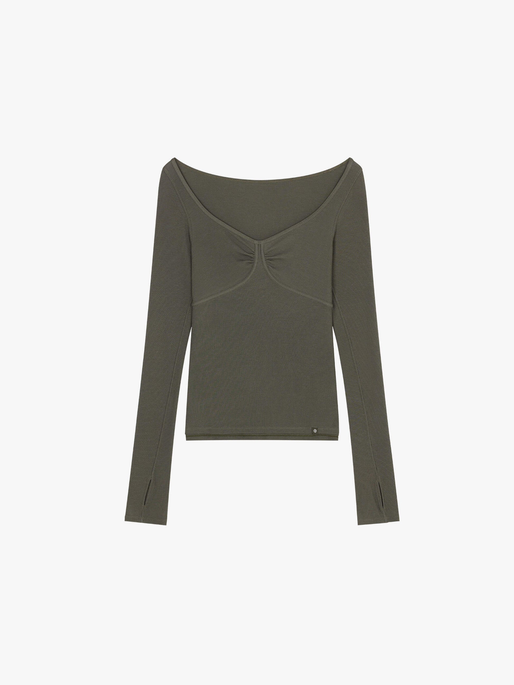 Flat lay of olive green ruched long sleeve top