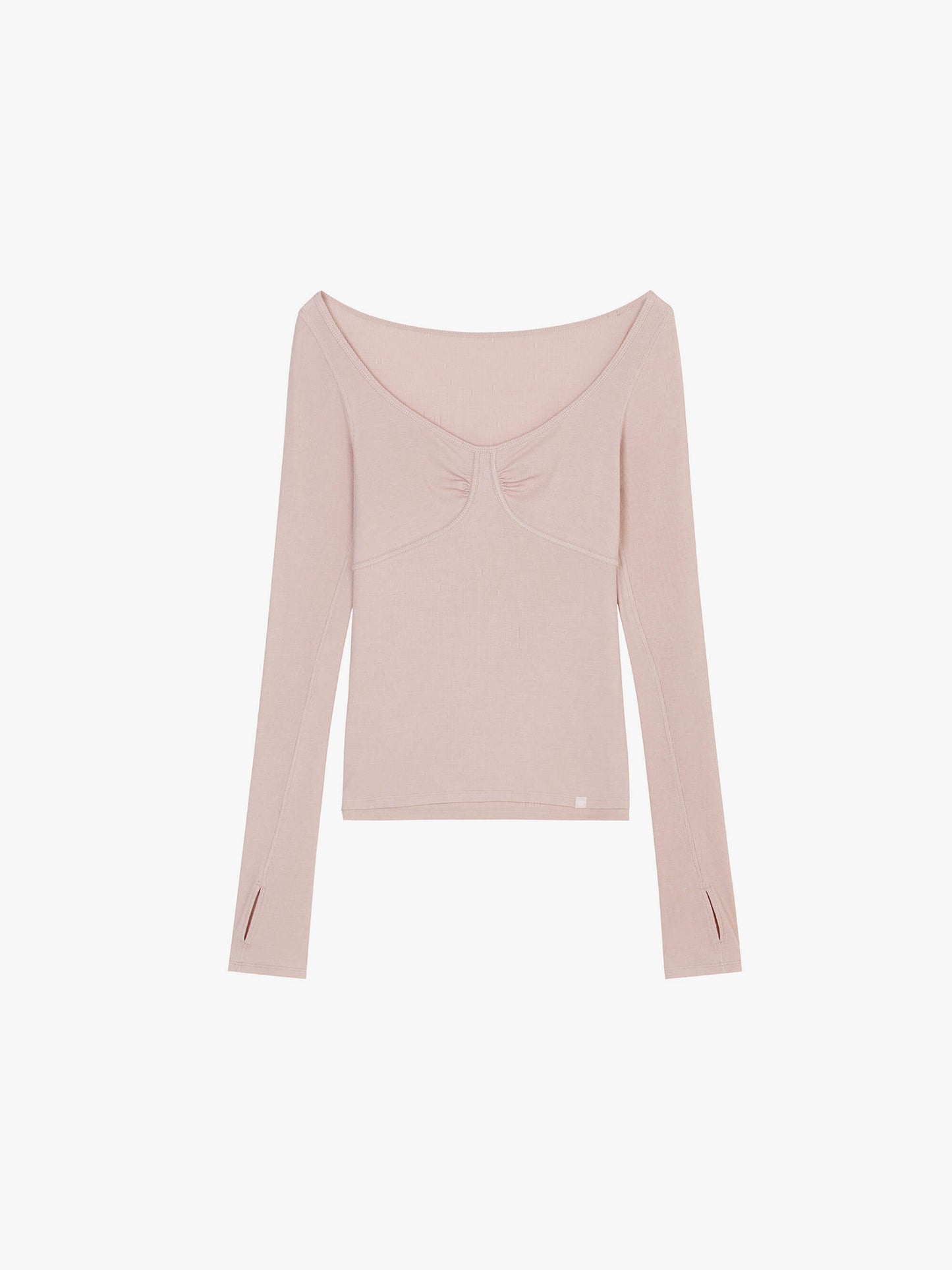 Flat lay of light pink ruched long sleeve top