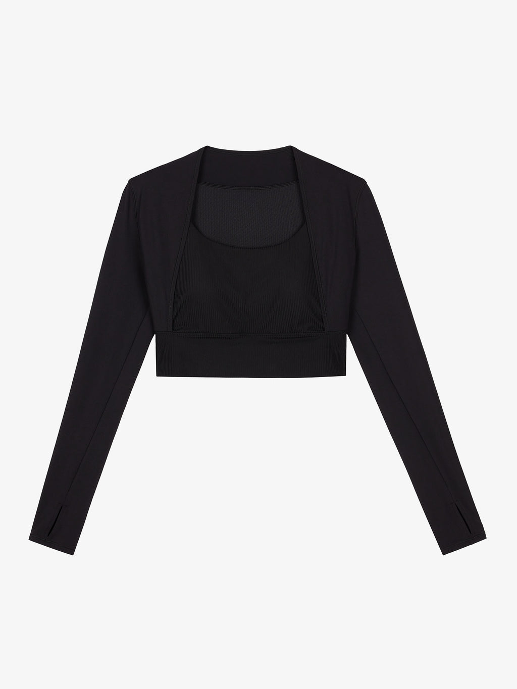Flat lay of black cropped long sleeve top.