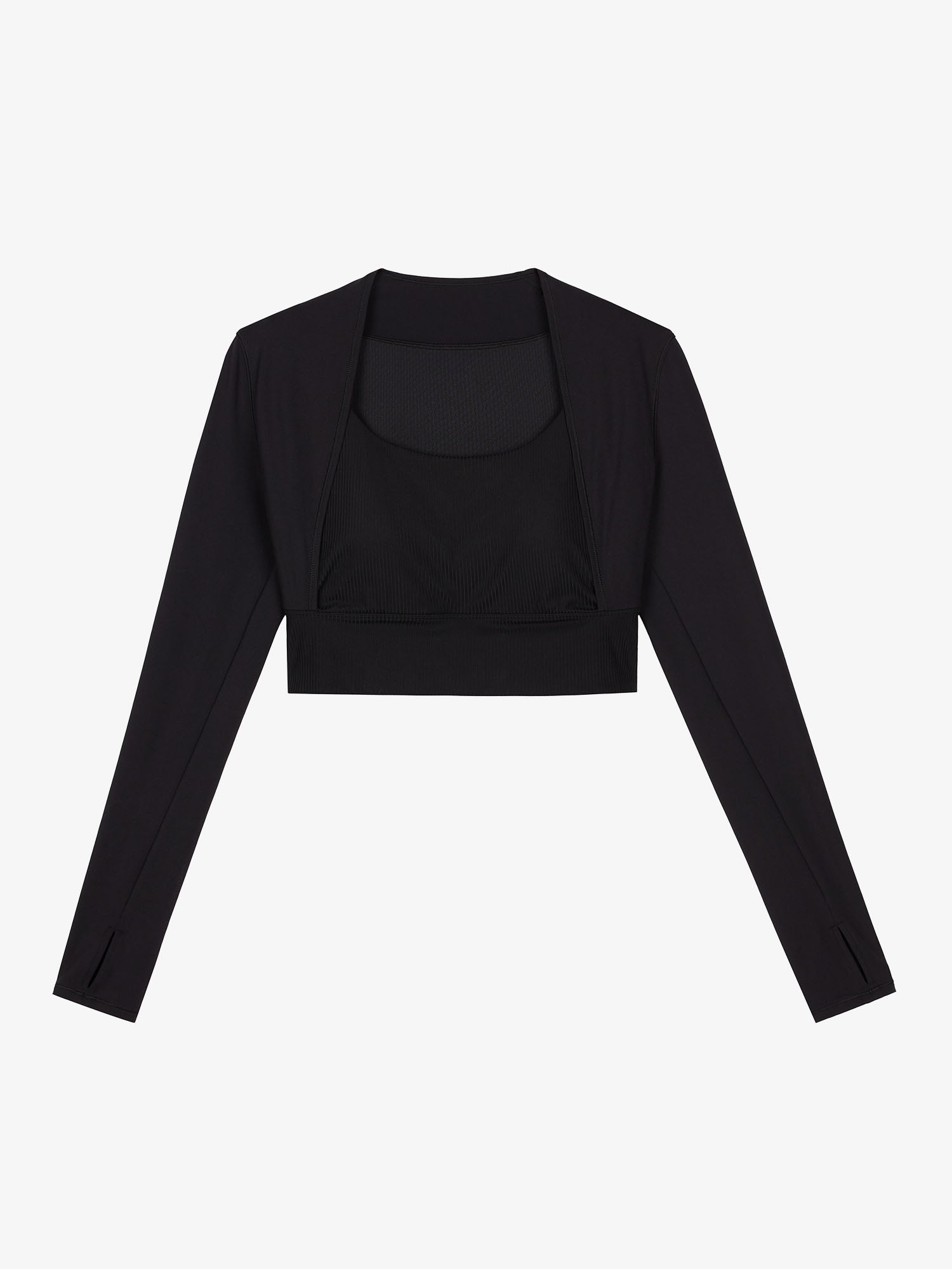 Flat lay of black cropped long sleeve top.