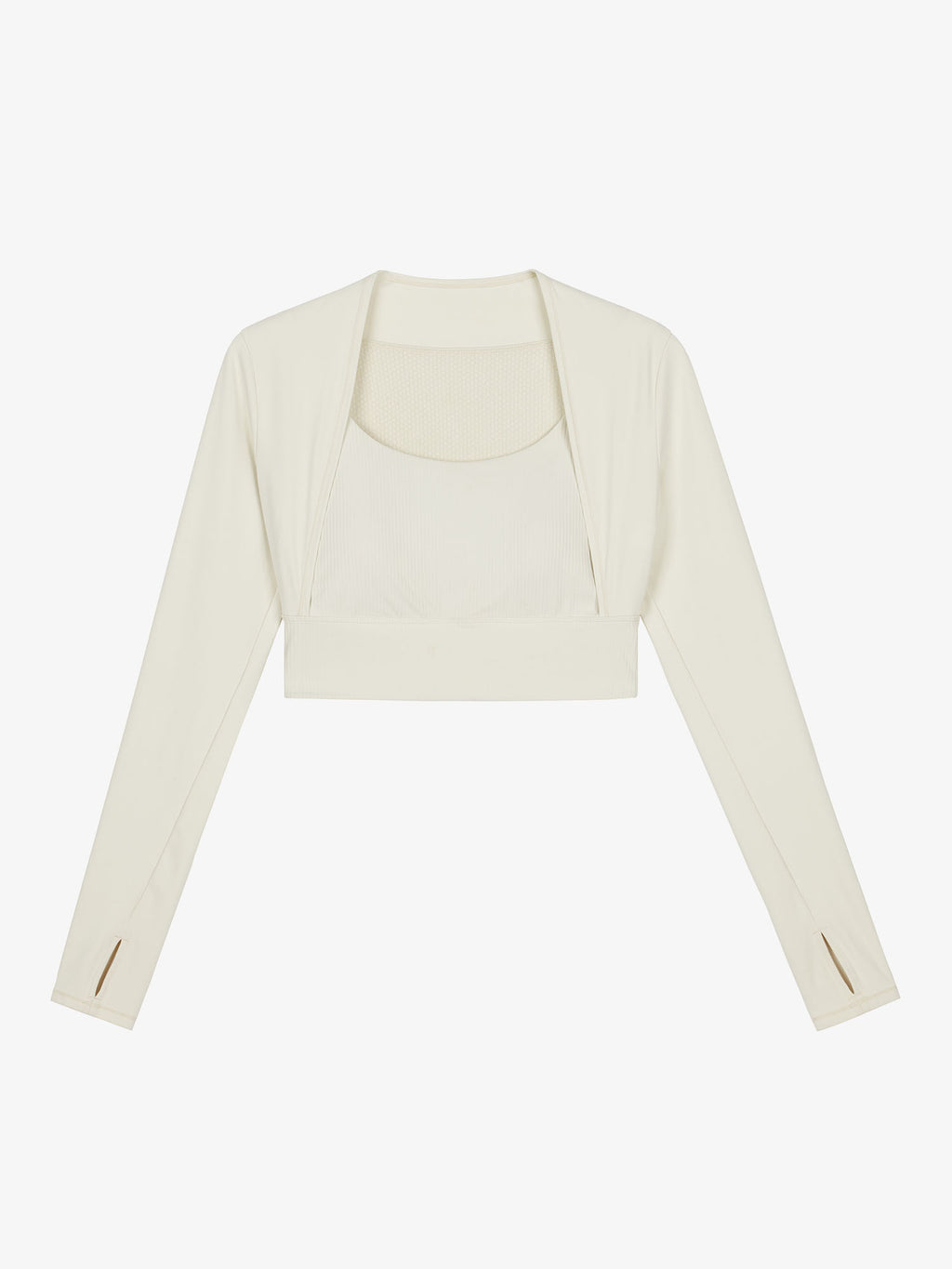 Flat lay of white cropped long sleeve top.