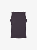 Black tank top flatlay on a white background.